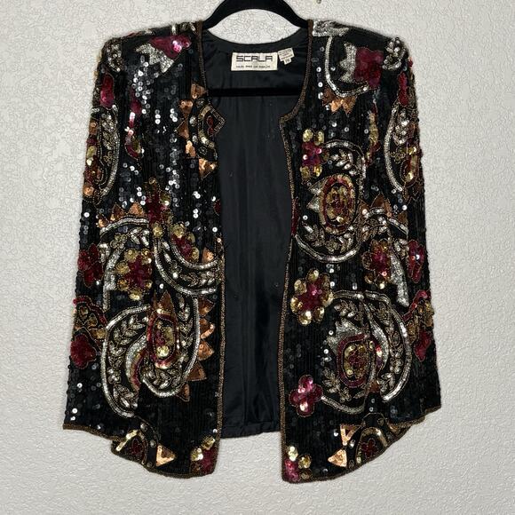 Vintage 90’s Scala Sequined Beaded Silk Jacket Black Gold Pink Size MP - Picture 2 of 7